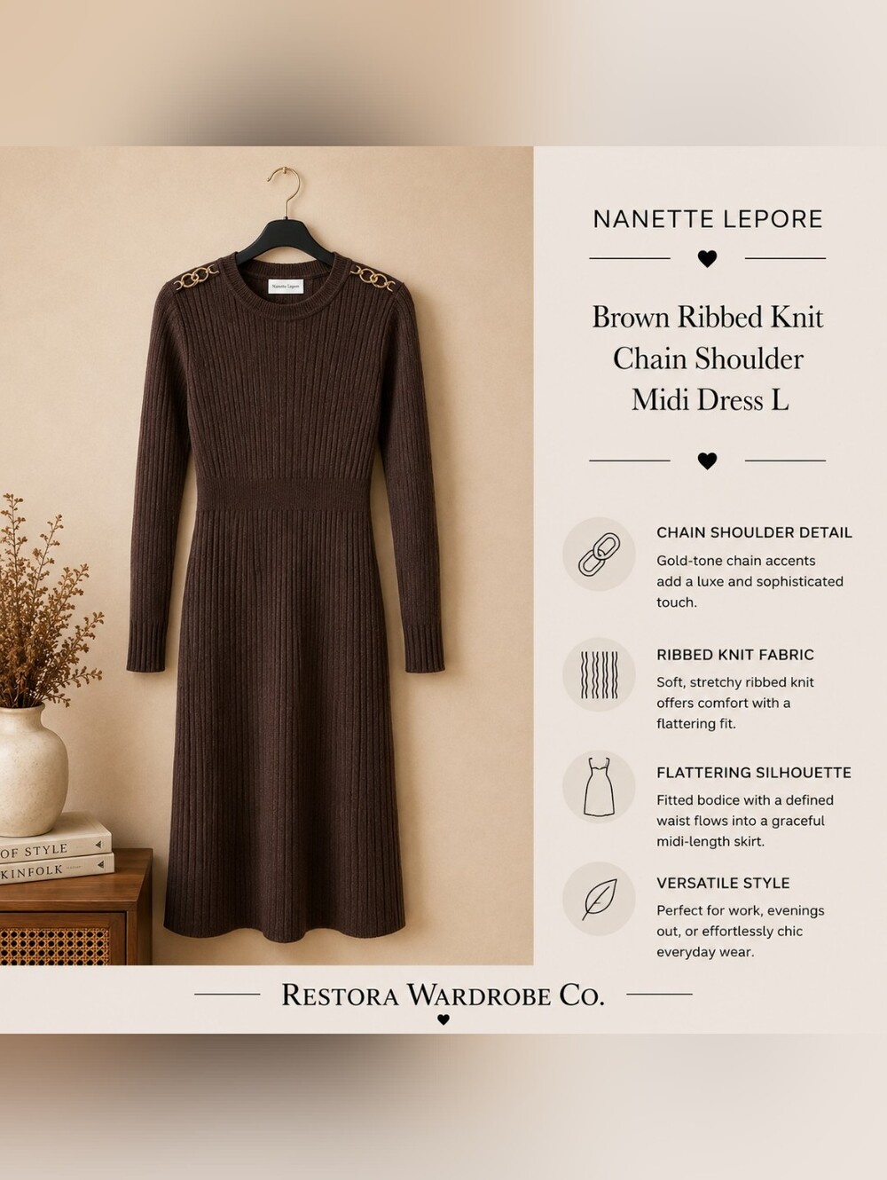 Nanette Lepore Brown Ribbed Knit Chain Shoulder Midi Dress L